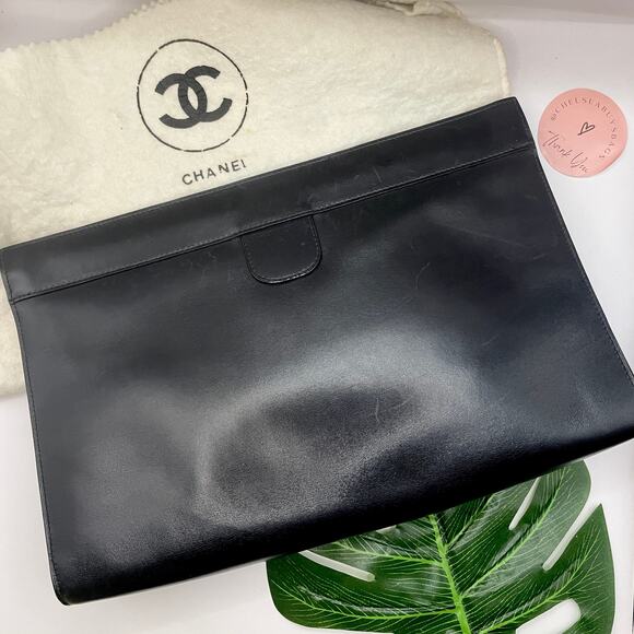 Chanel Black Leather Clutch CC 24kt Gold Plated Logo Vintage Evening Night Out - Picture 3 of 13